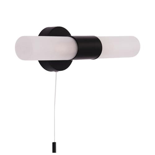 Image of Happy Homewares Modern Matte Black IP44 Rated Bathroom Wall Light Fitting with Tubular Frosted Glass Shades | 2 x 5w G9 Required | 32cm x 10cm x 8cm | Pull Switched