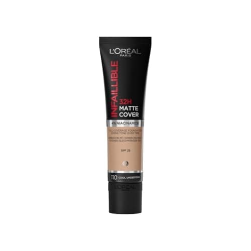 Image of L'Oreal Paris Cover Liquid Foundation, With 4% Niacinamide, Long Lasting, Natural Finish, Available in 20 Shades, SPF 25, Infallible 32H Matte Cover, Shade 110, 30ml