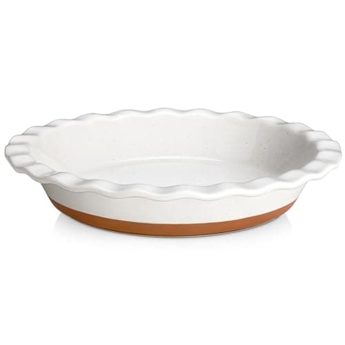 Image of MALACASA Ceramic Pie Dishes, Pie Pan for Baking 9 Inch,40 OZ Pie Plate Round Pie Dish for Baking Fluted Pie Dish Baking Pan, Non Stick Deep Pie Dishes for Quiche (White and Brown, 1 PC)