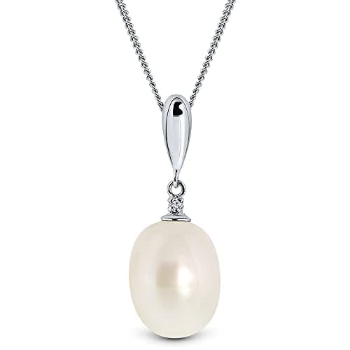 Image of Miore Necklace - Pendant Women Freshwater Pearl Chain with Brilliant Cut Diamond White Gold 9 Kt / 375 Chain 45 cm