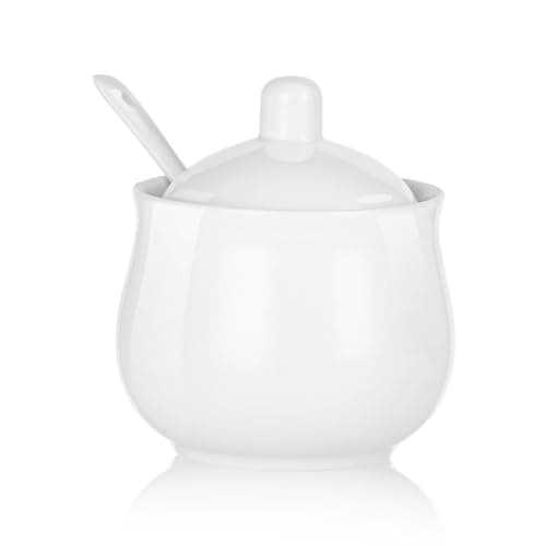 Image of CHILDIKE Ceramic Sugar Bowl, White Porcelain Sugar Pot with Lid and Spoon, China Conditment for Kitchen Seasoning 230 ml