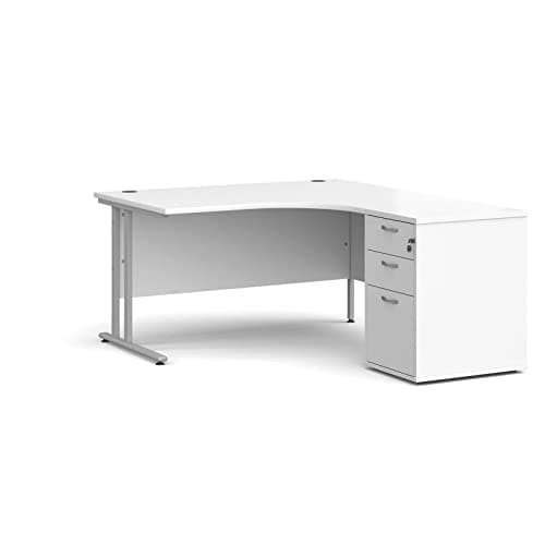 Image of Maestro 25 Desk Bundle - Right Hand Ergonomic Desk & 3 Drawer Pedestal with Silver Cantilever Legs, White, 140 x 120 cm