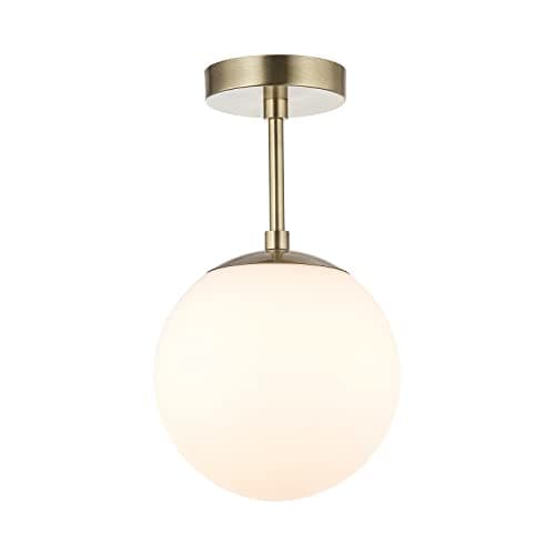 Image of Happy Homewares Traditional and Sleek Opal Glass Globe IP44 Bathroom Ceiling Light in Antique Brass | 24cm x 20cm | 60w Max | Also Suitable for Hallways Lounges Conservatories etc