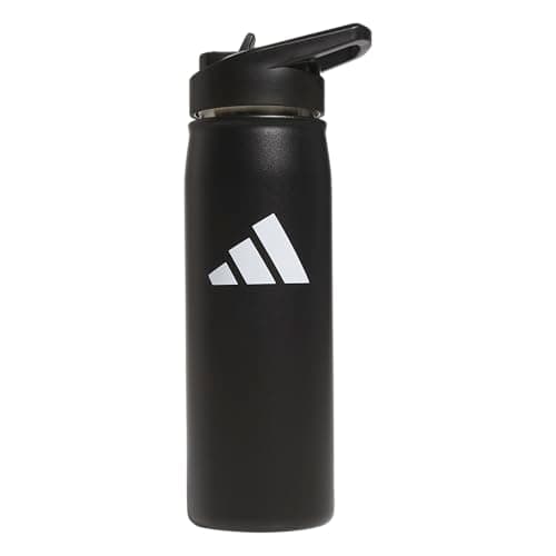 Image of adidas Stainless Steel Metal Water Bottle 20 oz (600 mL) Straw Lid, Black/White, 600 ML