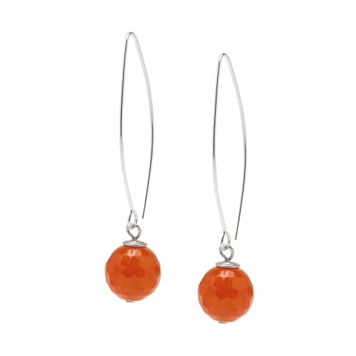 Image of Handmade Women's Natural Gemstone Sterling Silver Dangle Drop Earrings 12mm Ball Beaded Earrings for Girls (Orange Agate)