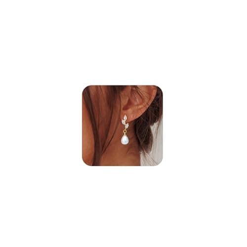 Image of Zimocepuz Pearl Earrings for Women, 14 Carat Leaf Zircon Pearl Drop Earrings, Prom Bridal Long Pearl Drop Earrings, Wedding Jewellery Gift