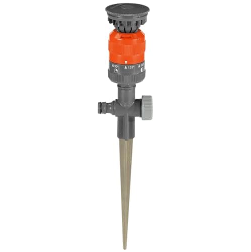 Image of Gardena Comfort Circular Sprinkler Vario: Spray sprinkler for even water distribution, for areas of up to 225 m², 8.5-m range, seven-step sector setting from 90°-360°, stable metal spike (1949-20)