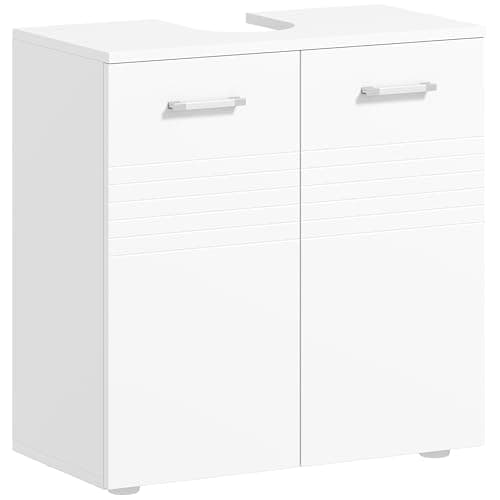 Image of kleankin Under Sink Cabinet, Bathroom Vanity Unit, Pedestal Under Sink Design, Storage Cupboard with Adjustable Shelf, High Gloss, White