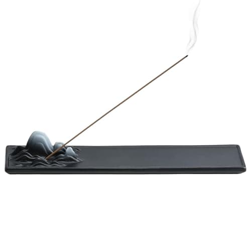 Image of YoHyien Ceramic Incense Holder Tray, Mountain & Water Landscape Design Incense Stick Burner, Decorative Ash Catcher for Home, Meditation, Yoga, Aromatherapy (Black)