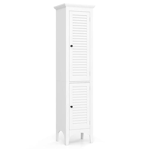 Image of COSTWAY Bathroom Tall Cabinet, Freestanding Storage Cupboard with Double Doors and Adjustable Shelf, Wooden Slim High Floor Cabinet for Living Room Kitchen Hallway, 38x33x160cm (White)
