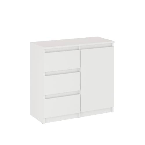 Image of Komto White Sideboard – Chest of Drawers for Bedroom with 3 Drawers and 1 Door, Small Cupboard for Living Room, Dining Room Cabinets | PIKO 80,4 x 35 x 74,5 cm