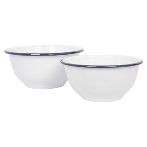 Image of Argon Tableware 2 Piece Mixing Bowl Set - Blue Rim - Large White Enamelware Metal Nesting Kitchen Mixing Bowls for Baking, Cooking, Food Prep, Salad, Picnic, Camping & Outdoor Use - 1.6L & 1.1L