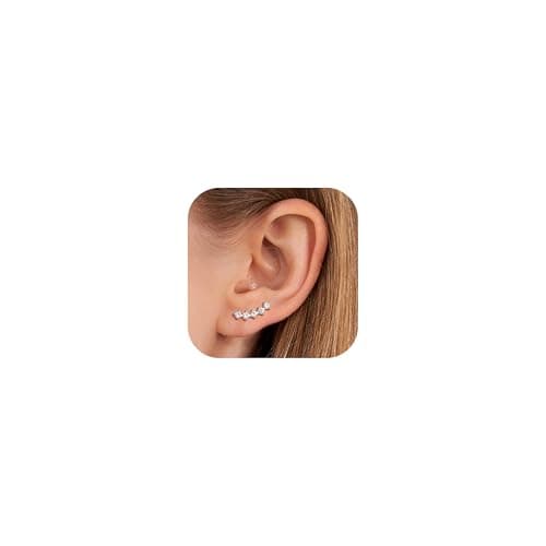 Image of JeweBella Hypoallergenic Silver Earrings for Women 925 Sterling Silver Stud Earrings Cubic Zirconia Climber Earrings Stack Dainty Stud Earrings Silver/Gold