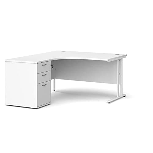 Image of DAMS Maestro 25 Desk Bundle - Left Hand Ergonomic Desk & 3 Drawer Pedestal with White Cantilever Legs, White, 140 x 120 cm