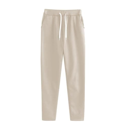 Image of Womens Trousers High Waisted Stretch Solid Color Baggy Sweatpants Drawstring Elastic Waist Trousers with Pockets Slim Straight Tracksuit Bottoms Lightweight Joggers Soft Comfort Lounge Pants Beige