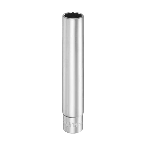 Image of sourcing map 12 Points Deep Socket 3/8" Drive 14mm Deep Metric CR-V Steel Polished Nickel Plating Flip Sleeve 120mm / 4.7" Extra Long Socket Tool for Home Auto Nuts Bolts Repair