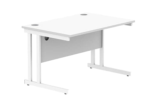 Image of Office Hippo Essentials Rectangular Desks, Home Writing Computer Desk Office Desk For Work Place Or Home, Home Office Desk With Cable Port Management, White Frame, Arctic White, 120cm x 80cm