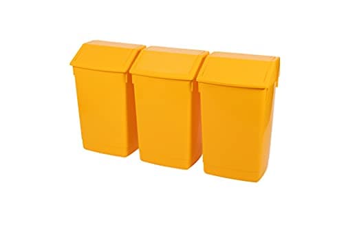 Image of Addis 60 Litre Medical Clinical Recycling Commercial Utility Waste Trash Swing Flip top Lid, Set of 3 Bins, All Yellow Colour, 519034AMP, 3 x 60