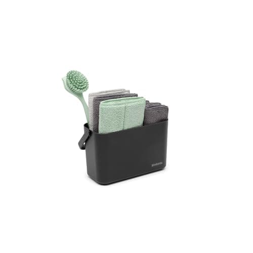 Image of Brabantia SinkSide Cleaning Set of 8 - Dark Grey | Cleaning Caddy with Handle, Microfibre Pads, Cloths, Dish Brush, Squeegee | Complete Sink Tidy Solution | Kitchen Sink Organiser