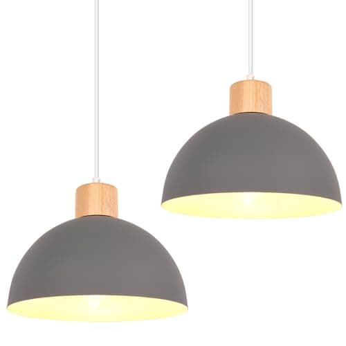 Image of iDEGU Set of 2 Retro Pendant Light Fixtures E27 Ceiling Light Modern Scandinavian Style 25cm Hemisphere Hanging Lampshade Metal Wood Pendant Light for Bedroom Dining Room Kitchen Restaurant (Grey)