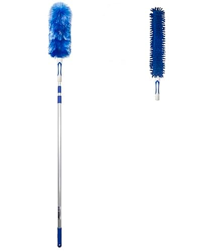 Image of WinHux Extendable Duster Set with Feather and Chenille Heads - Extra Long Reach Telescopic Handle, Bendable Washable Cleaning Dusters for High Ceilings, Fans, Cobwebs, Windows, Adjustable 3.4 Metre