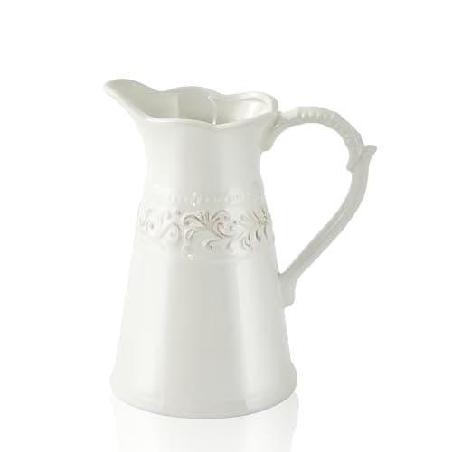 Image of OTARTU White Ceramic Pitcher Vase, Flower Pitcher for Home Décor, 22cm Jug Vase with Handle.