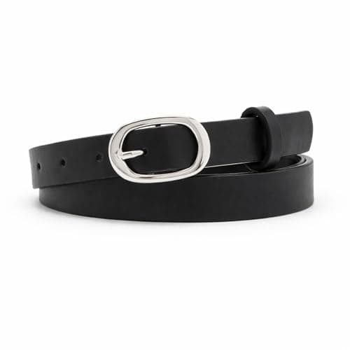 Image of JILLICK Sleek Black Women's Faux Leather Belt with Minimalist Oval Metal Buckle - Adjustable Thin Skinny Waist Belt for Dresses, Jeans, High-Waist Outfits, Fashion Ladies Daily Wear (Black)