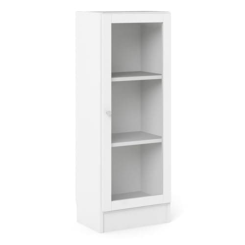 Image of Furniture To Go Basic Low Narrow Display Cabinet in White (2 Shelves) with Glass White Door