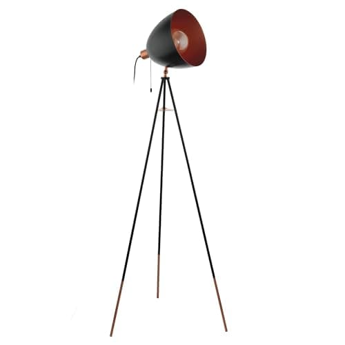 Image of Eglo Tripod Floor Lamp Chester, 1 Bulb Vintage Standing Lamp, Made of Steel, Colour: Black, Copper, Socket: E27, incl. Pull Switch