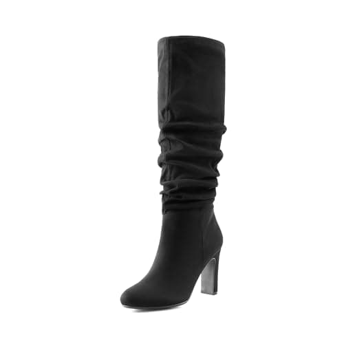 Image of DREAM PAIRS Women's Knee-High Boots, Comfortable Chunky Block Heel Pointed Toe Pull On Side Zipper Suede Slouch Riding Boots,Size 8,Black-Suede,SDKB2414W