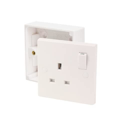 Image of Axiom 13A Single One Gang Switched Socket & Premium Single Surface Mount 25mm Pattress Box 1 Gang Set Electrical Switch - Concealing Screw Caps Included