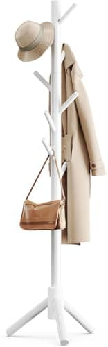 Image of Pipishell Sturdy Wooden Coat Stand, 3 Adjustable Sizes Coat Tree with 8 Hooks, Coat Stands for Hallway Entryway, Hat Stand for Clothes, Used in Bedroom/Office/Hallway/Entryway, White