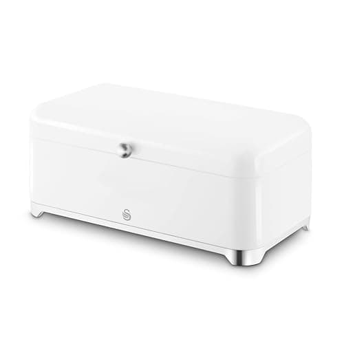 Image of Swan Solace 16L Bread Bin, Large Capacity, Worktop Kitchen Storage, Suitable for Loaves, Rolls and Bakes, Lift Up Hinged Lid, Easy Clean and Durable, H16.6 x W44 x D22cm, White, SWKA18540WHT