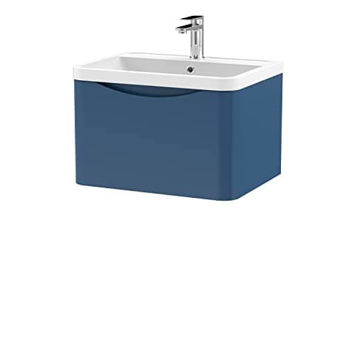 Image of nuie LUN305 Lunar Modern Bathroom Wall Hung 1 Drawer Vanity Basin Unit & Polymarble Basin, 600mm, Satin Blue
