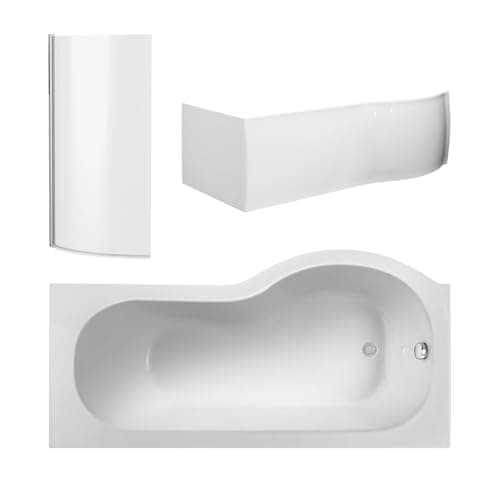 Image of Balterley 1700 x 850mm P Shape Shower Bath with Leg Set, Chrome P Shape Shower Screen & P-Shaped Bath Panel, Left Hand Single Ended Gloss White Soaking Baths, Acrylic Baths (White)