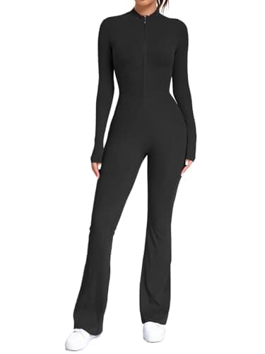 Image of ECUPPER Womens Zip Up Yoga Jumpsuit Long Sleeve Gym Unitard Full Length Bodysuit all in one Flared Romper with Pockets Black S
