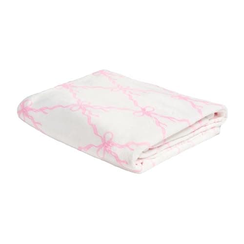 Image of OHS Fleece Blanket Sofa Throw, Gifts for Women Super Soft Cosy Warm Bow Print Blanket for Bed Sofa Settee Lightweight Decorative Single Bed Throws, White/Pink - 125 x 150cm
