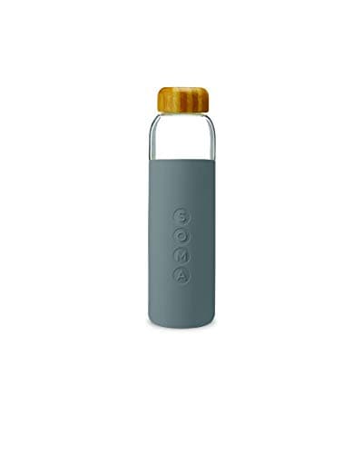 Image of Soma Glass Water Bottle with Non-Slip Silicone Handle & Sleeve, Natural Bamboo Screw Cap, and Leak-Proof Design - Reusable, Refillable, BPA Free, Eco-Friendly Alternative - Grey, 480 ml