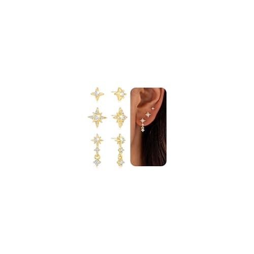 Image of KINHOPI Stud Earrings for Women, Gold Earrings Star Tiny Dangle Dainty Studs Set for 3 Piercings 14K Gold Plated Hypoallergenic Jewelry Daily Wear Gift for Women, 3 Pairs