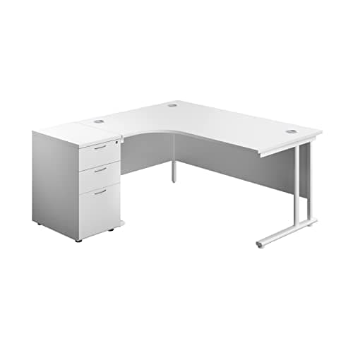 Image of Office Hippo Heavy Duty Left Corner Radial Desk With 3 Drawer High Storage, Home Office PC Filing, 5 Yr Wty, MFC - White Frame, 160cm x 160.4cm