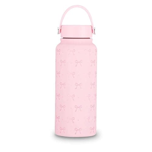 Image of Pink Bow Water Bottle 1L (32oz), Stainless Steel Insulated Water Bottle, Pink Bow Thermos for Women Girls Daily Drink, School, Work, Gym, Travel