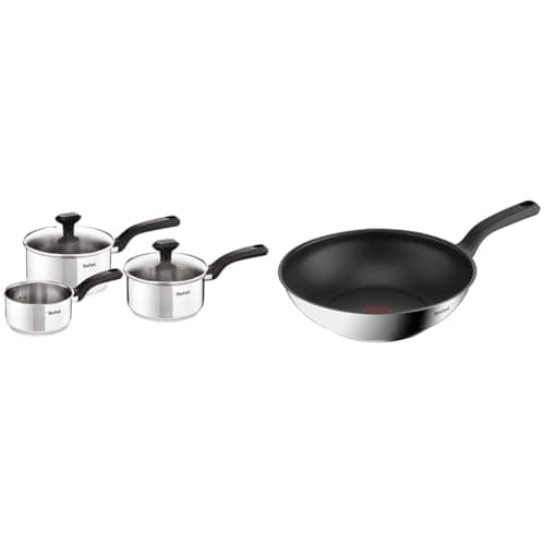 Image of Tefal 3 Piece Comfort Max, Stainless Steel Saucepan Set, Silver & 28cm Comfort Max Stainless Steel Non-Stick Wok, Silver