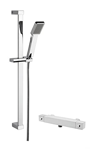 Image of Nuie SBS68BV1 Shower Bundle Modern Bathroom Thermostatic Bar Valve with Bottom Outlet and Square Slide Rail Kit with Single Function Handset, Chrome