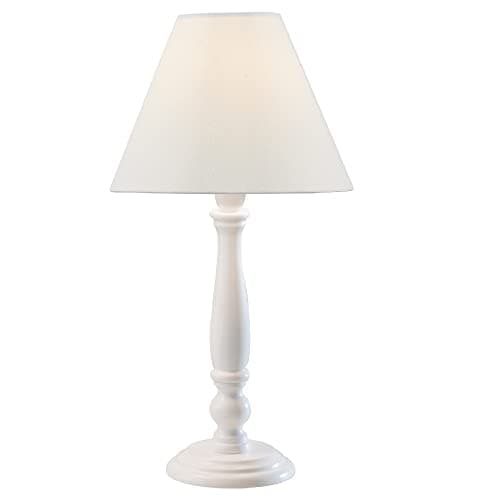 Image of Matt White Wooden Vintage Rustic Candlestick Table Lamp with Cotton Fabric Tapered Shade | 44cm Height | 1 x BC B22 Lamp Bulb Required | UK Approved | Lampholder Push Bar Switch | Lathe Turned