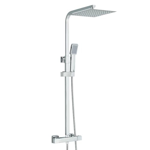 Image of HARNART Bathroom Thermostatic Shower Mixer Set and with Adjustable 8 inch Overhead Rainfall Shower Head Twin Head,Bath Bar Mixer Shower with Rainfall Showerhead,Chrome