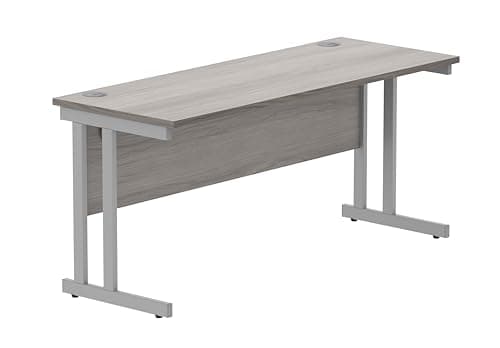 Image of Office Hippo Essentials Rectangular Desks, Home Writing Computer Desk Office Desk For Work Place Or Home, Home Office Desk With Cable Port Management, Silver Frame, Alaskan Grey Oak 160cm x 60cm