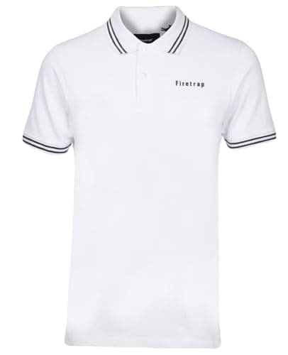Image of Firetrap Mens Polo Shirt Cotton Polos Tshirt Short Sleeve Summer Ribbed Tipping Collar Tshirts Top White XL