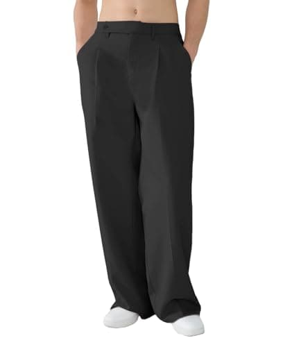 Image of FEDTOSING Dress Trousers for Men Wide Leg Baggy Work Trousers Mens Black Pleated Casual Relaxed Fit Elastic Waist Y2K Pants