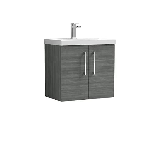 Image of nuie ARN523D Arno Modern Bathroom Wall Hung 2 Door Vanity Unit with Thin-Edge Ceramic Basin, 600mm, Woodgrain Anthracite