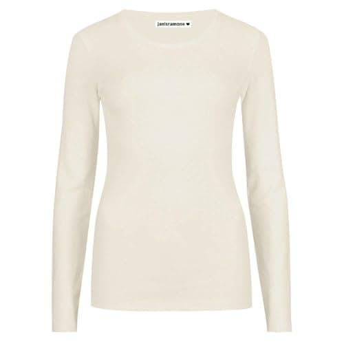 Image of janisramone Womens Ladies Round Neck Long Sleeve T-Shirt Stretchy Plain Fitted Basic Jersey Casual Tee Top Cream